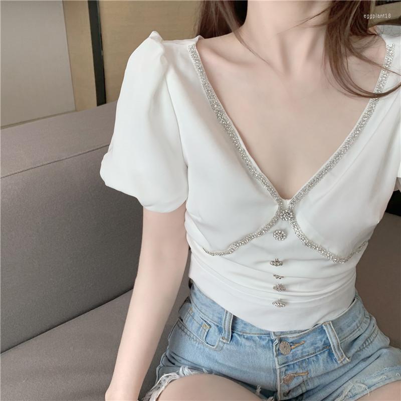 

Women' Blouses Blouse Women Big V Collar Diamonds Button Short Chiffon Shirt Sleeve Puff 2022 Summer Retro Crop Top Black White