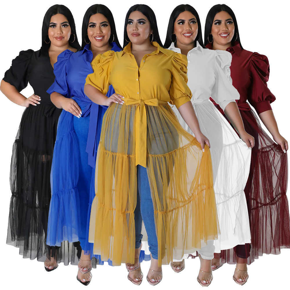 

N Autumn Solid Color Shirt Casual Dresses Top Lace-up See-through Sexy Mesh Large, Blue