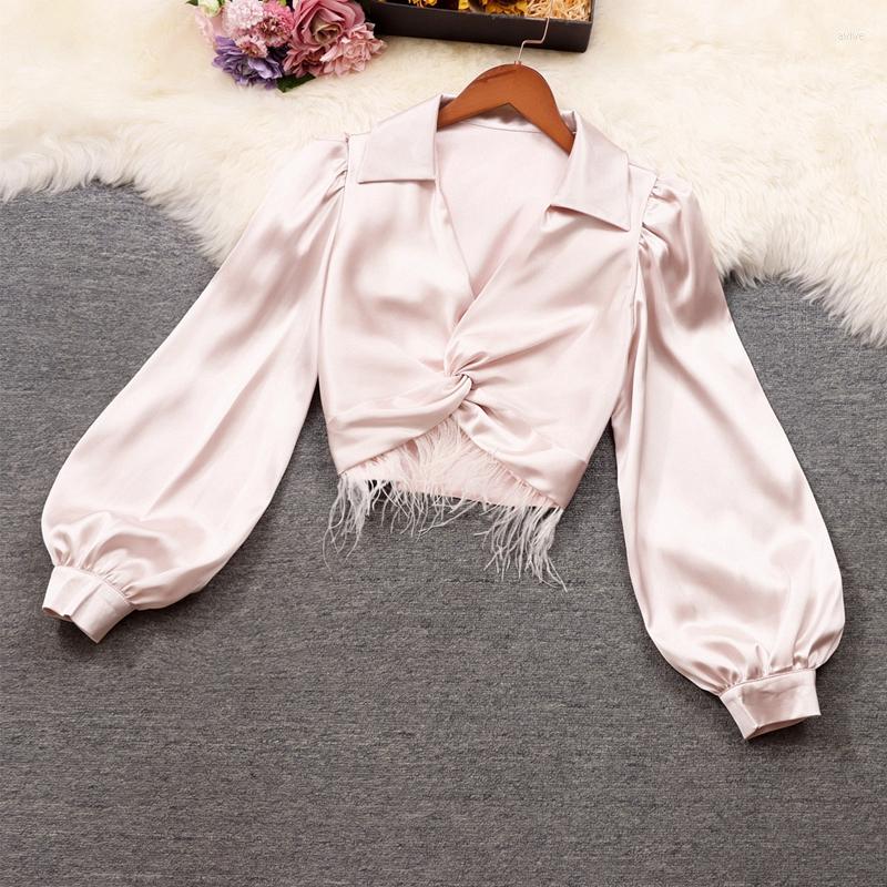 

Women' Blouses Autumn And Winter Women' Clothing Polo Collar Shirt Twist Flower Low Cut Feather Tassel Sense Of Design Top Ladies, Pink