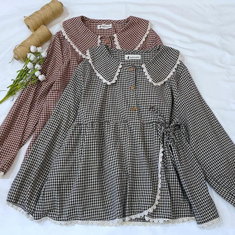 

Women's Blouses Spring Summer Cotton Linen Blouse Japanese Style Mori Girl O-Neck Irregular Hem Long Sleeve Shirt Women, Black