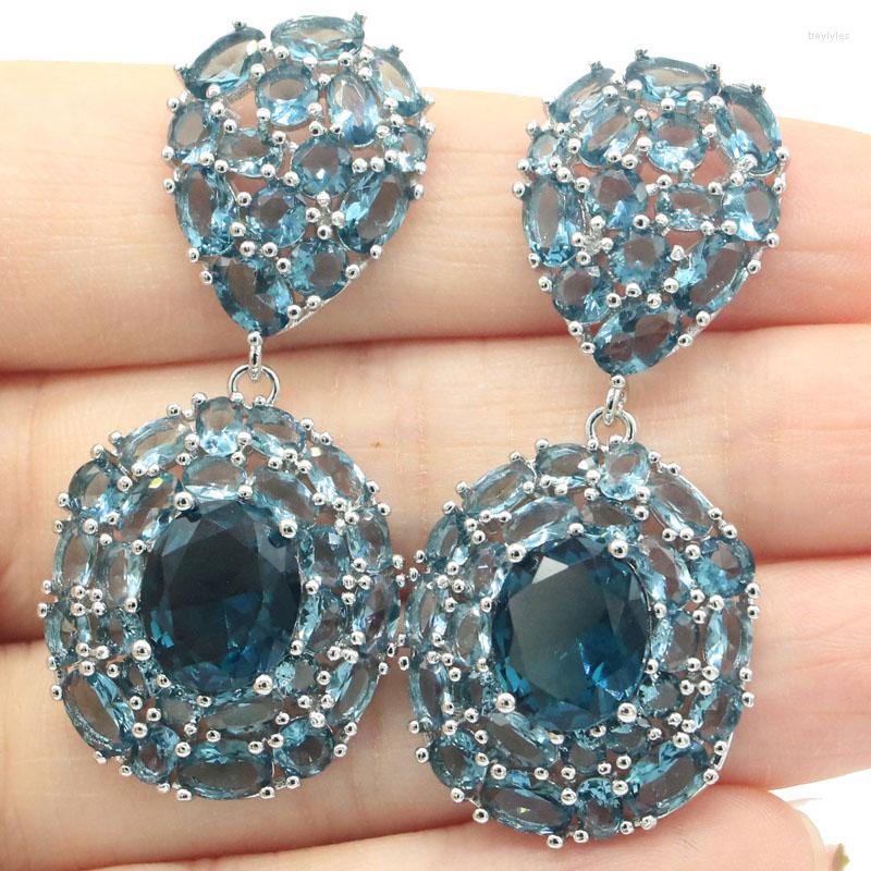 

Stud Earrings 51x23mm Deluxe Pink Kunzite London Blue Topaz CZ Jewelry For Woman's Silver