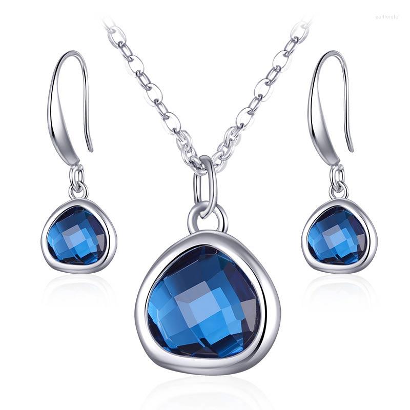 

Necklace Earrings Set Luxury Blue/Green Austrian Crystal For Women Silver Color Chain Fashion Accessories Girls Gifts, Picture shown
