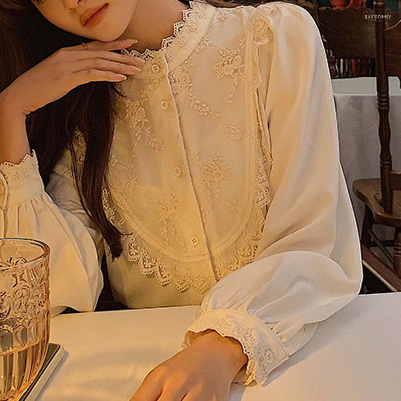 

Women' Blouses Blusas Mujer De Moda 2022 Autumn French Lace Embroidered For Women White Vintage Shirts Long-sleeved Top Female 1077