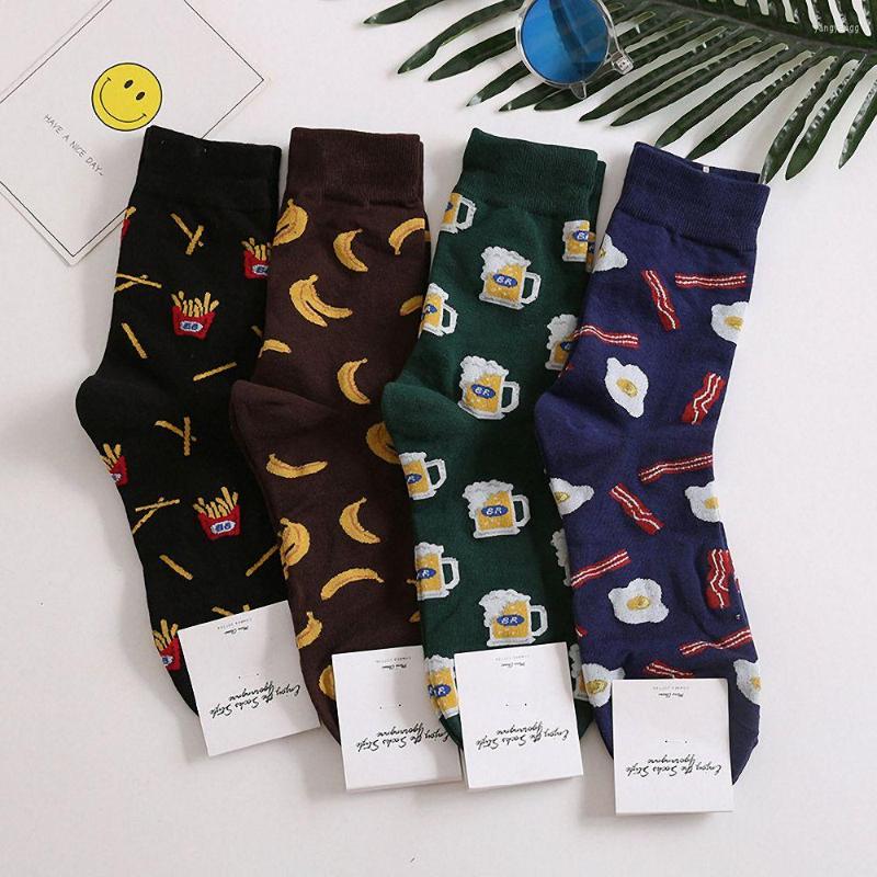 

Men's Socks 1 Pair Creative Unisex Snack Pattern Cotton Breathable Tube Fried Beer Egg Kawaii Harajuku Skateboard Sock, Black