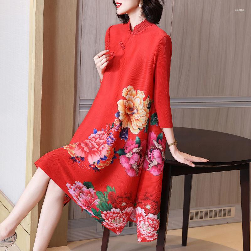 

Casual Dresses Fashion Split A-line Skirt Female 2022 Spring And Summer Retro Printing Improved Three Quarter Sleeve Pleated Dress, Black
