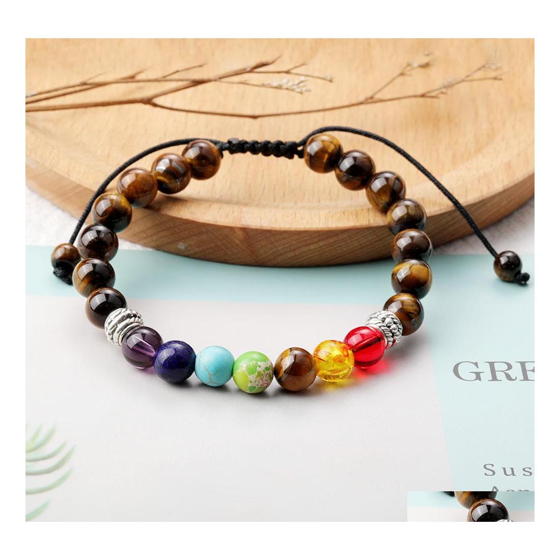 

Beaded Strands 8Mm Tiger Eye Beads Bracelet For Men Women Adjustable Size 7 Chakra Bead Braided Jewelry Gift Drop Delivery Bracelets Otjar