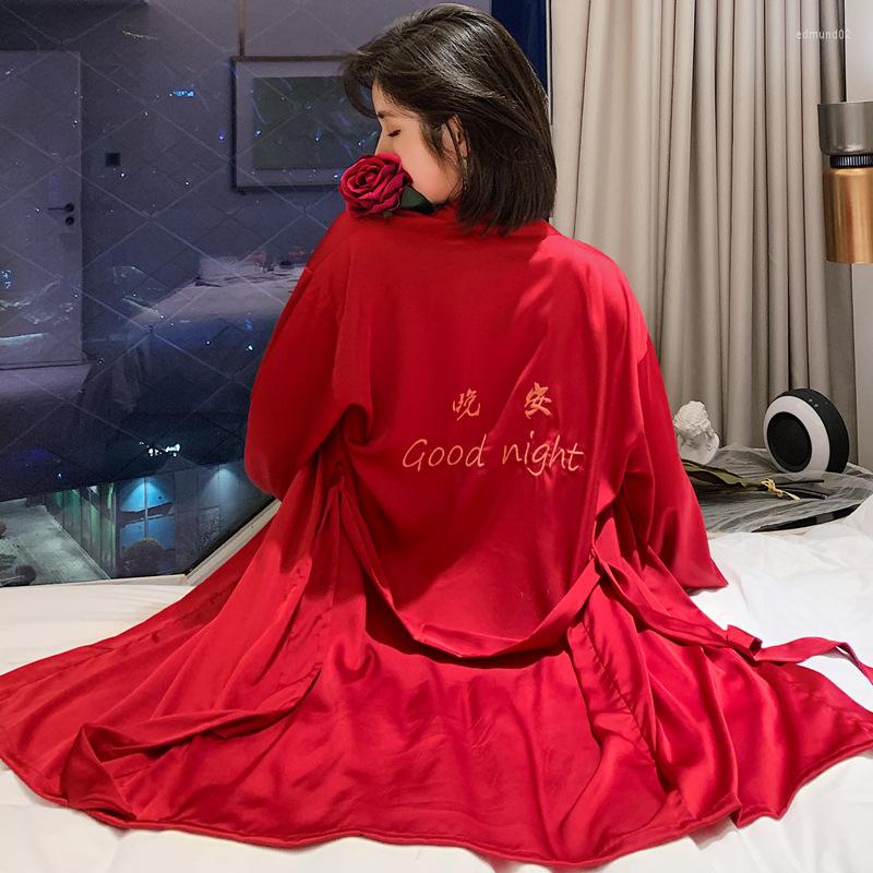 

Women's Sleepwear 2PCS Women Embroidery Letter Kimono Robe Bride Rayon Dressing Bathrobe Gown Ruffles Nightgown Sexy Loose Home Wear, Pink