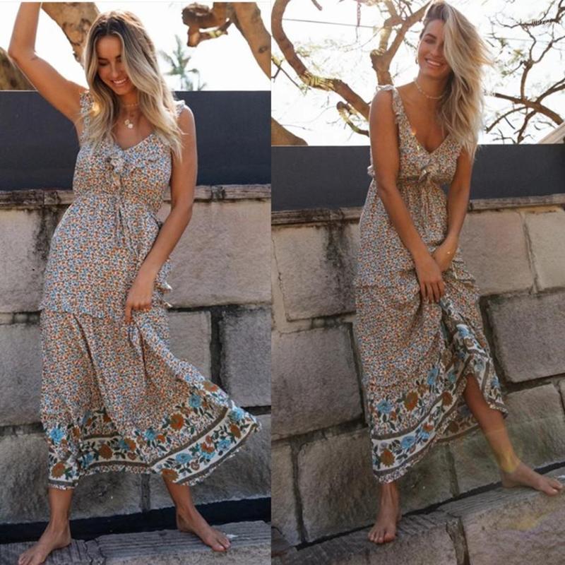 

Casual Dresses Bohemian Rayon Women's Printed V-neck Sling Dress Long, Picture shown
