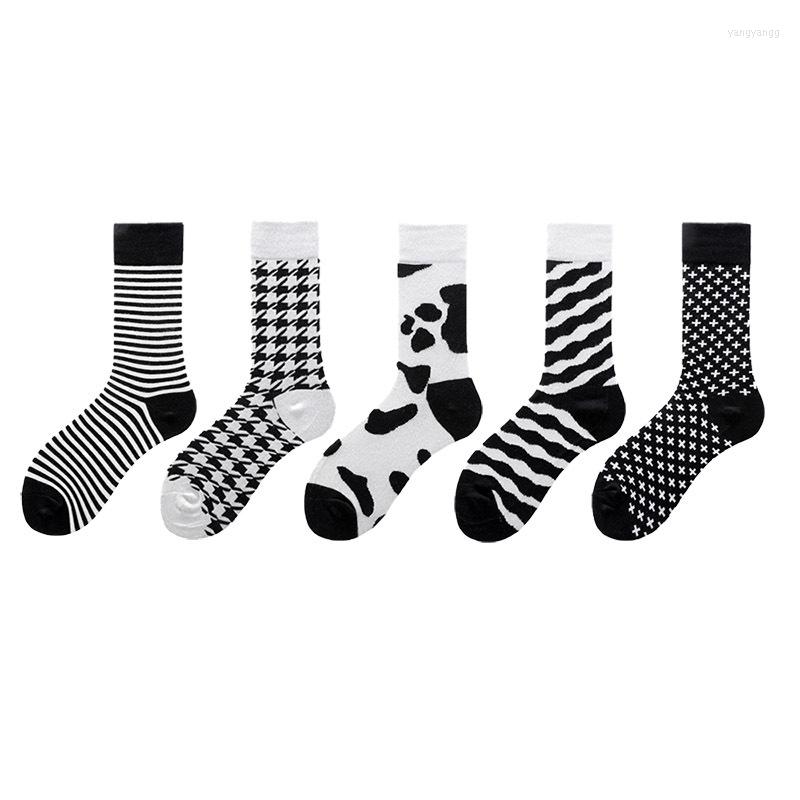 

Men's Socks Est Harajuku Cotton Black White Simple Wind Casual Stripe Swallow Gird Couple's Sock 5 Pairs, Multicolor