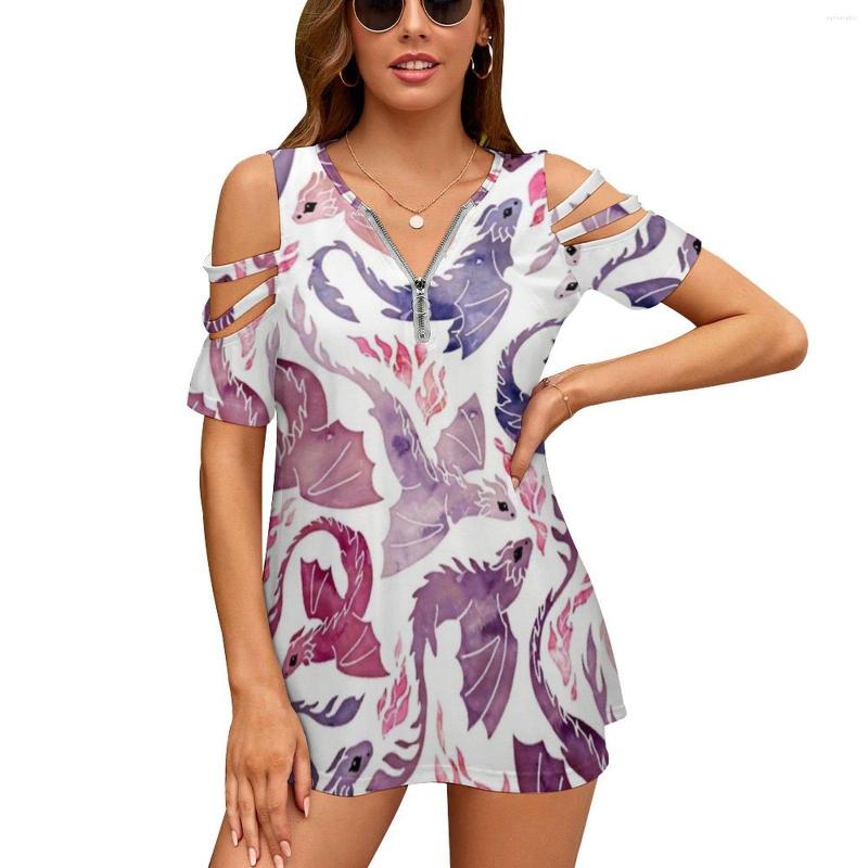 

Women's T Shirts Dragon Fire Pink & Purple Women'S T-Shirt Summer Fashion Print Floral V-Neck Zipper Tshirt Hollow Pullover Ladies, Be
