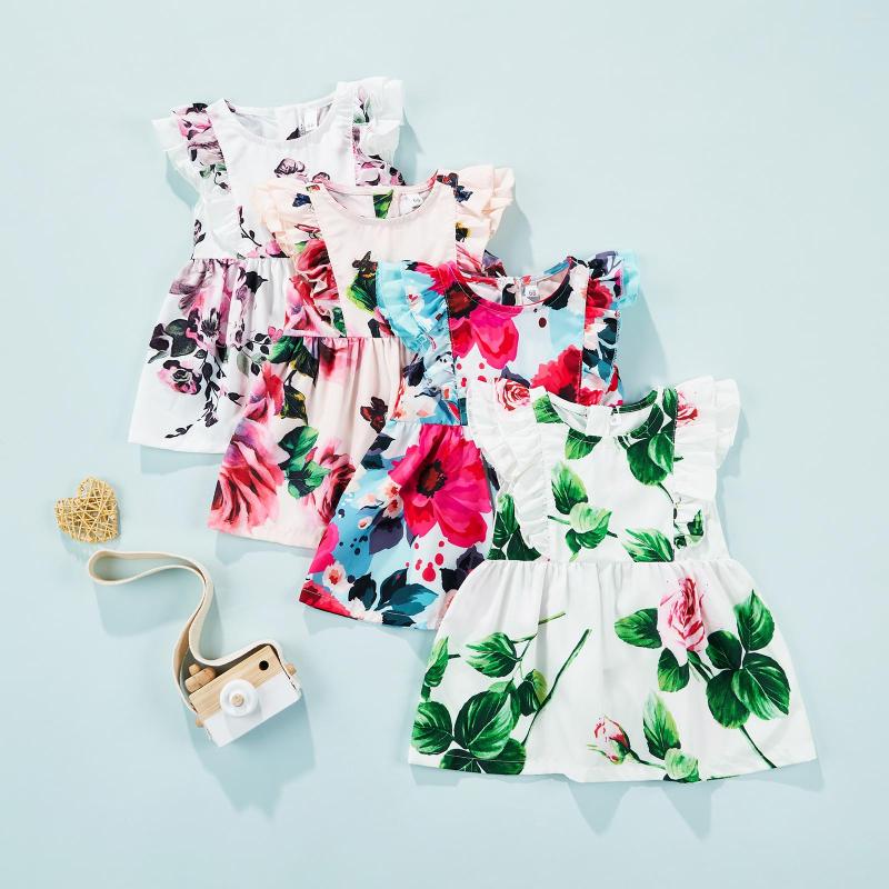 

Girl Dresses Lioraitiin 0-24M Born Infant Baby Girl's Dress Flower Print Round Neck Ruffle Flying Sleeve
