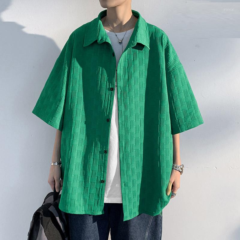 

Men's Casual Shirts Korean Summer Trend Weaving Texture Loose Short Sleeved Men's Shirt Black White Green