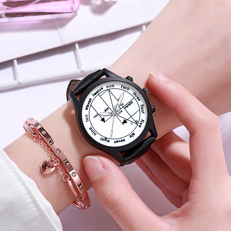 

Wristwatches Fashion Round Quartz Innovative Math Dial Casual Wrist Watch Leather Strap Fashionable Clock For Waterproof Wristwatch Women, Black