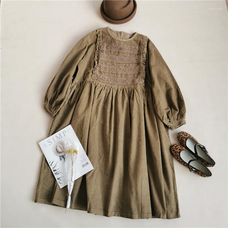 

Casual Dresses Japanese Sweet Thick Corduroy Lantern Sleeve Dress Lace Midi, Khaki