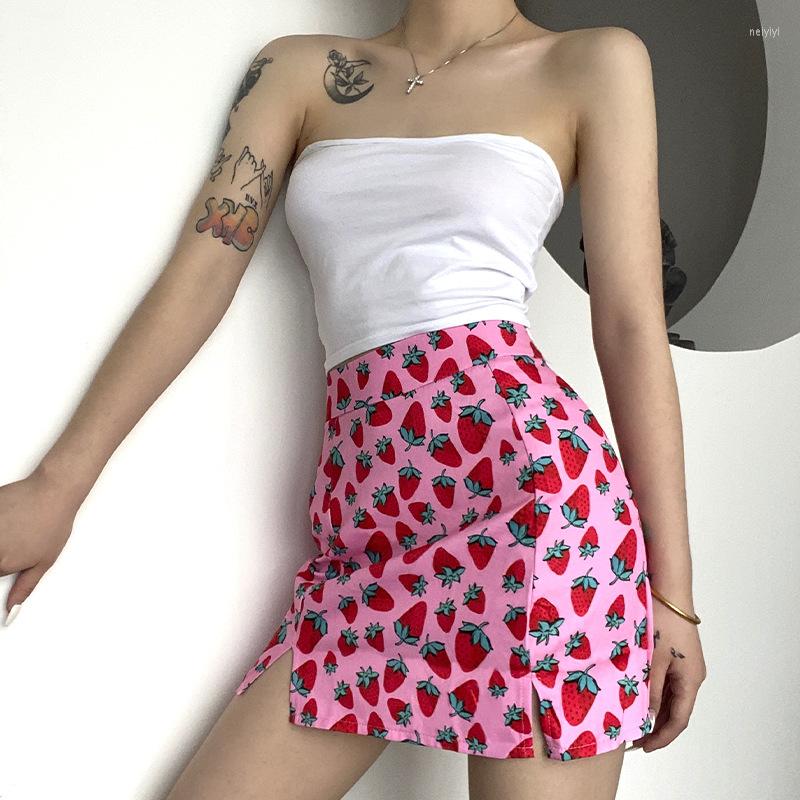 

Skirts Skirt 2022 Europe And America Summer World Bank Cherry Print High Waist Buttocks Girl Split, Pink