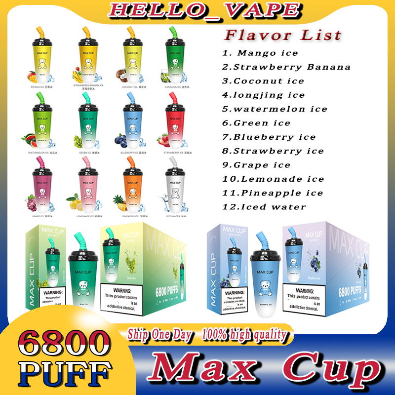 

Original Max Cup 6800 puff 6800 Disposable E Cigarette Starter Kit Strength 0 2 3 5% Vape 16ml 600mAh Battery Rechargeable Vape Pen milk tea cups