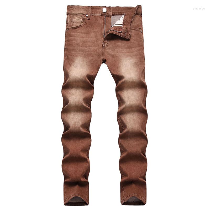 

Men's Jeans Mcikkny Men Tie Dye Washed Casual Pants Stretch Solid Color Slim Denim Trousers For Male Plus Size 28-42, Brown