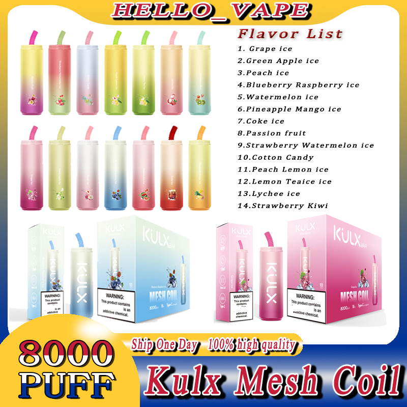 

Original Kulx Mesh Coil Electronic Cigarette 14 Colors 18ml Rechargeable Disposable Vape Pen Device Pod Smoking Vapes Kit 8000 Puffs 0% 2% 5% 850Mah Battery