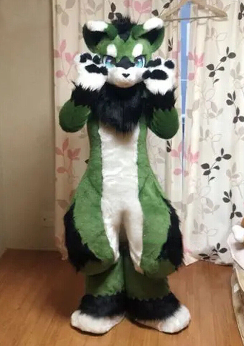 

Green Husky Fox Walking Long Fur Mascot Costume Party Advertising Dress