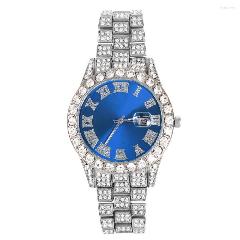 

Wristwatches Iced Out Watch For Men Luxury TOP Brand Full Diamond Calendar Watches CZ Quartz Waterproof Hip Hop Montre Homme, Gold