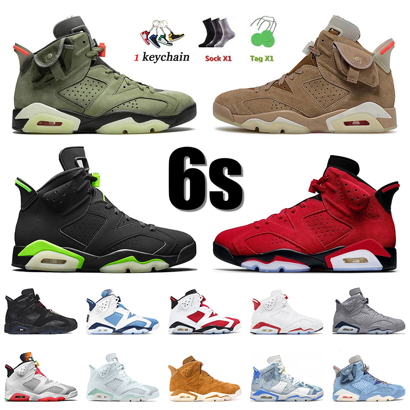 

6s Basketball Shoes Jumpman 6 Mens Sneakers Travis x British Khaki Electric Green Toro Unc Carmine Red Oreo Georgetown Hare Wheat Washed Denim Trainers Outdoor 36-47, D#18 40-47 unc