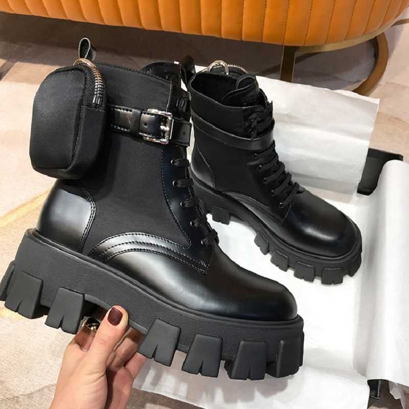 

Boots Black Punk Ankle Thick-soled Motorcycle Women's Lace-up Spring Thick Heel Belt Buckle Pocket Designer Chunky Shoes 221215, Shiny black