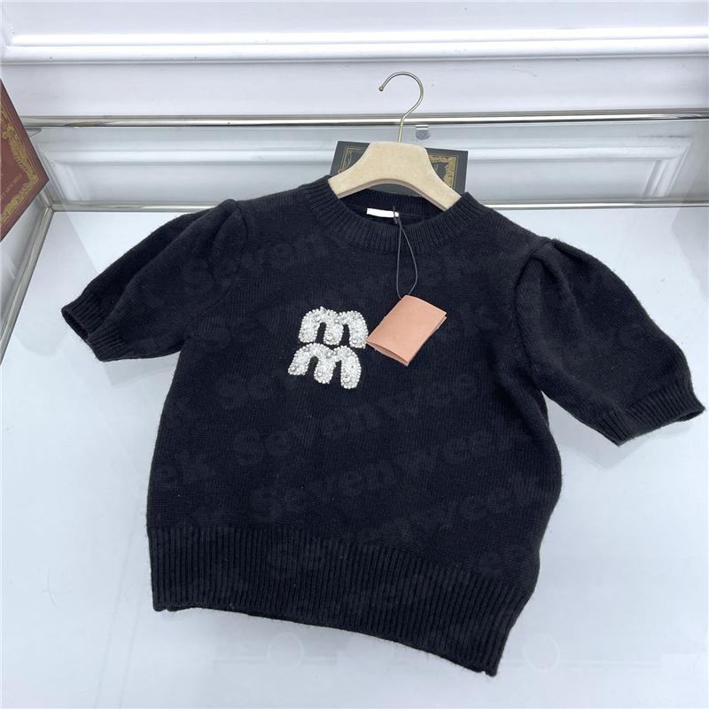 

Rhinestone Letter Sweaters Womens Knit T Shirts Tees Short Sleeve Fashion Hoodie Luxury Lady Pullover Brands, Black