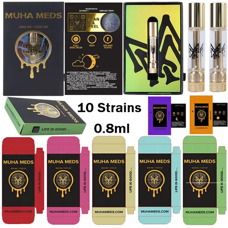 

10 Strains MUHA MEDS Vape Cartridges Atomizers Empty New Packaging Thick Oil 0.8ml Cart Wax Dab Pens Glass Tank Ceramic Coil 510 Thread Battery E Cigarettes