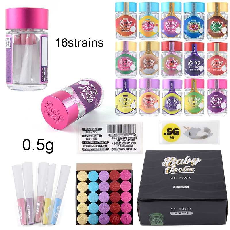 

Baby Jeeter Infused Glass Jars Empty Bottle Wax Glass Containers Dry Herb Storages with Prerol Papers 16Strains