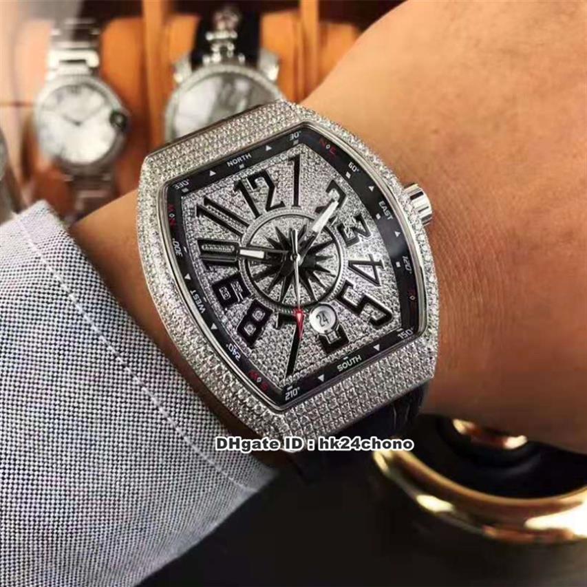 

2 Styles Luxury Watches Vanguard Full Diamonds Automatic Mens Watch V 45 SC DT Dense Diamond Dial Leather Strap Gents Wristwatches2867