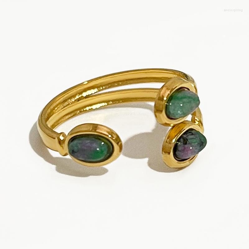 

Cluster Rings Dainty Gold Color Triple Gem Stone Open Adjustable Ring For Women Pvd Plated Stainless Steel Natural Boho
