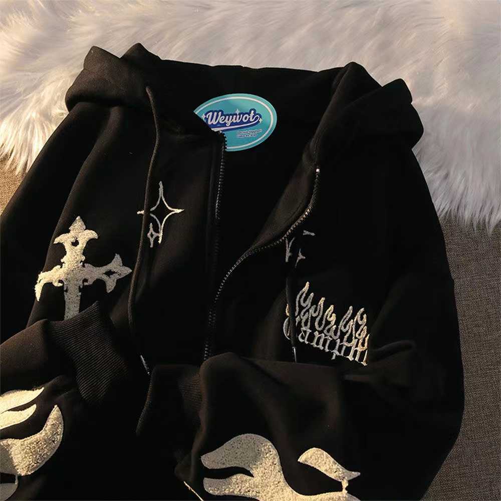 

Women's Hoodies Sweatshirts American Retro Gothic Embroidered Cardigan Women Y2K Street Trend Thickened Couple Wild Zipper Hoodie Coats Y2302, Gray