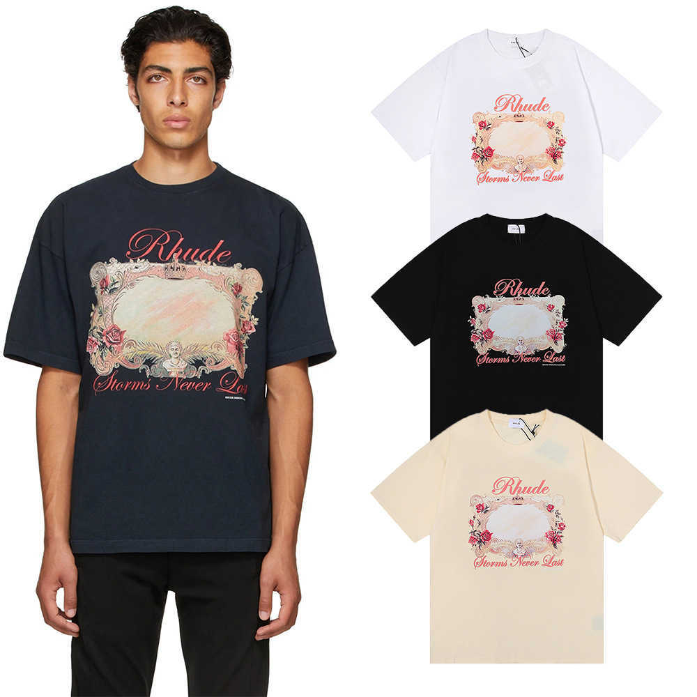

Men's t Shirt 2023 New Fashion Brand Rhude Little Storms Never Last Hd Rose Mirror Short Sleeve, White