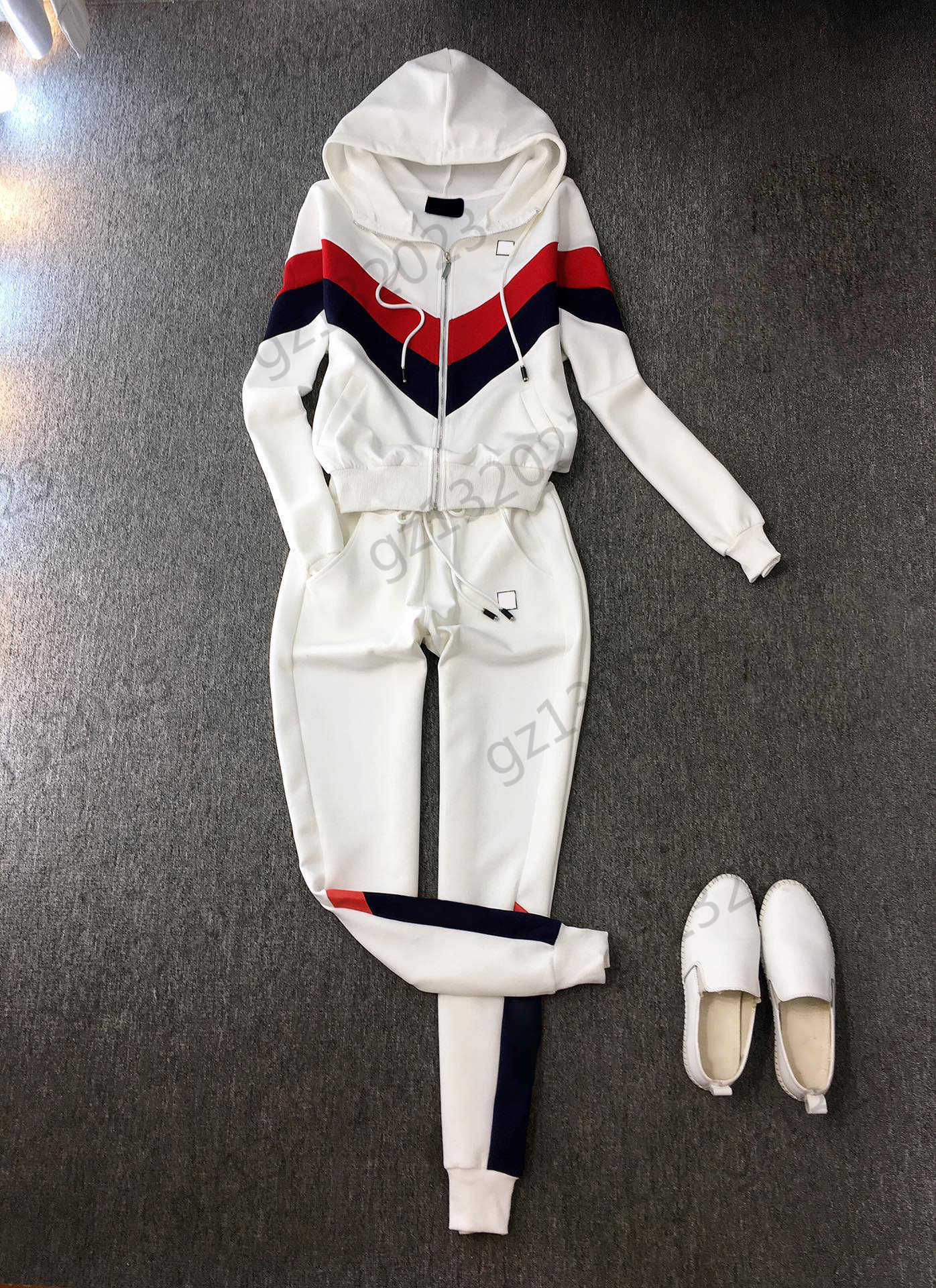 

Two Piece Sets Womens Two Piece Pants Contrasting Color Striped Decorative Hooded Drawstring Jacket Elastic Waist Lace-up Trousers Women Clothing 2 Colors