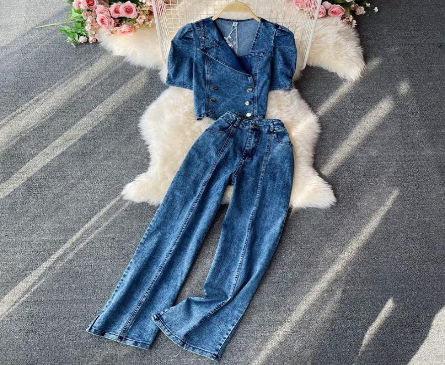 

Women039s Two Piece Pants Fashion Denim Set Jeans Suit For Women 2021 Summer Short Long Sleeve Top High Waist Thin WideLeg1499099, Black