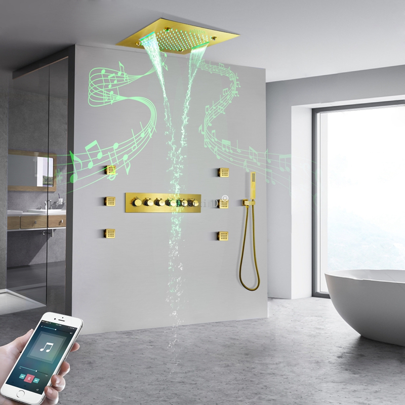 

LED Music Shower Set Brushed Gold Thermostatic Rainfall Shower System with Body Jets