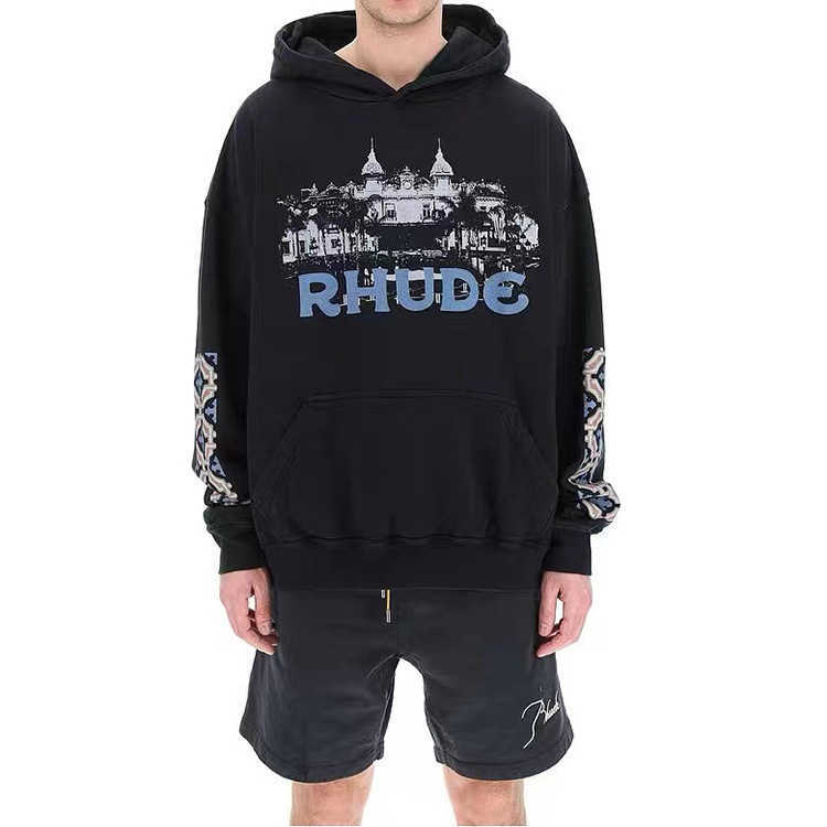 

Men' Hoodie Crewneck Sweatshirt 2023 New Fashion Brand Rhude Letter Printing Castle Loose and Women' Couple' Terry, Black 02