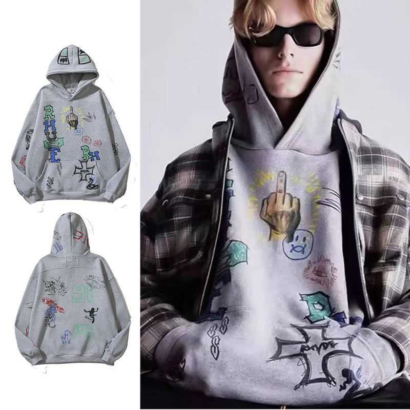 

Men's Hoodie Crewneck Sweatshirt 2023 New Fashion Brand Rhude Doodle Manager Hand Painted Graffiti Pullover High Street for Men and Women Trend 121, 2331 grey