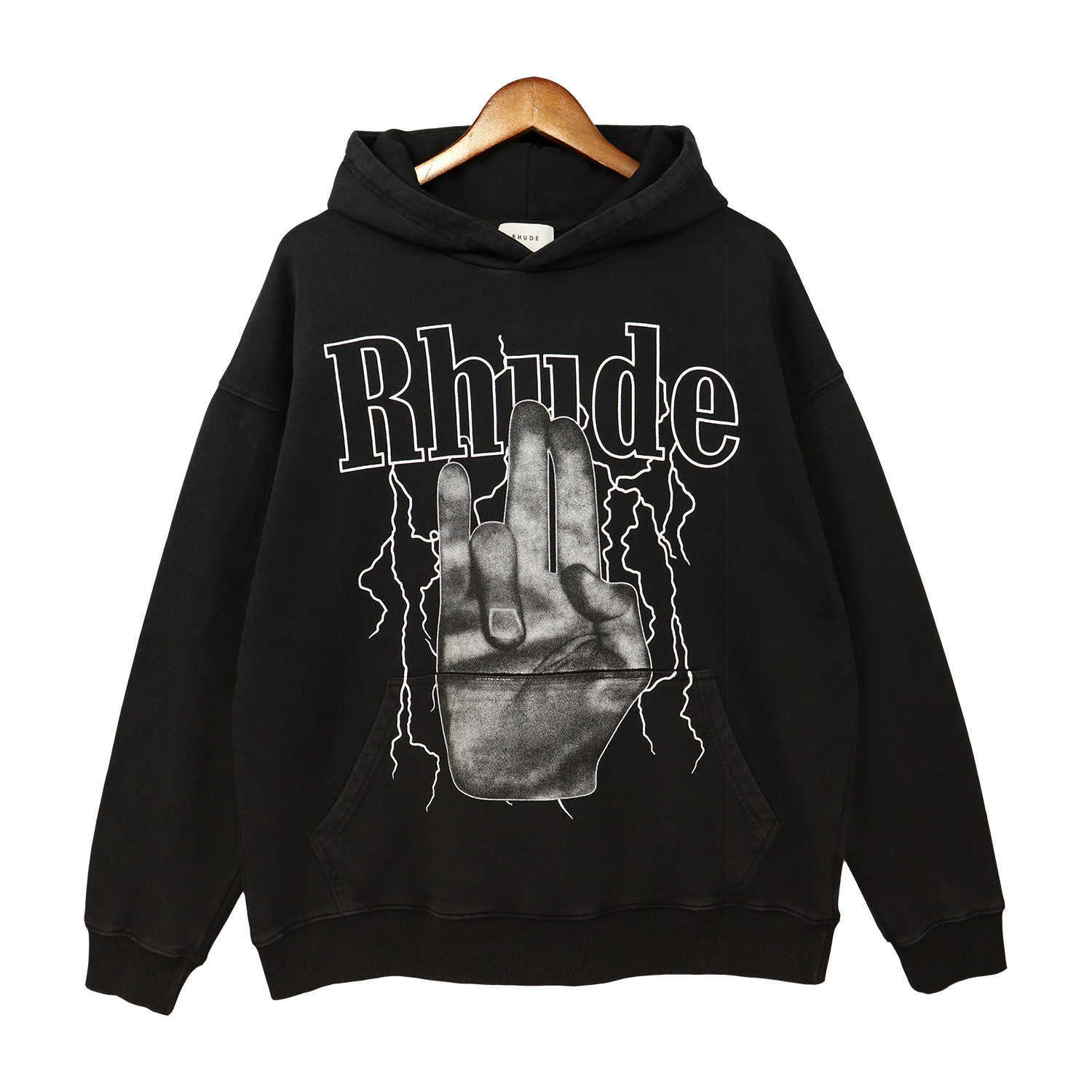 

Men's Hoodie Crewneck Sweatshirt 2023 New Fashion Brand Rhude Tide Lightning Gesture Letter Washed and Women's High Street Coat, Black