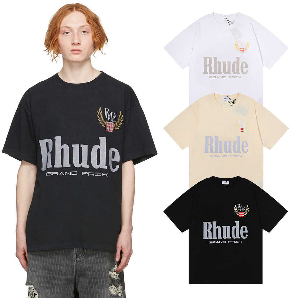 

Men' t Shirt 2023 New Fashion Brand Rhude American Niche Grand Prix Lettered Badge Printed Round Neck Short Sleeve for Men and Women, White