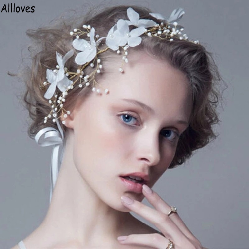 Blanc 3D Fleurs À La Main De Mariée Coiffe Coiffe Boho Couronnes Florales Bandeaux Femmes Diadèmes Perles Bandeau De Mariage De Mariée Bijoux De