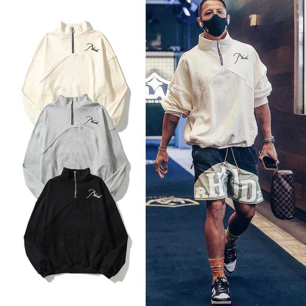 

Men's Hoodie Crewneck Sweatshirt 2023 New Fashion Brand Rhude Autumn and Winter American High Street Stand Collar Semi Zipper Embroidery Stitching and Women's Jacke, Grey regular