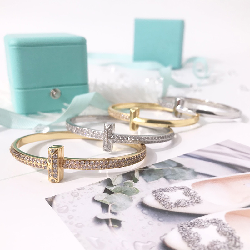 

Factory designer bangle Fashion love bracelets for women titanium steel 18k gold silver T shaped half diamond simple lady cuff couple jewelry party gift 4P24