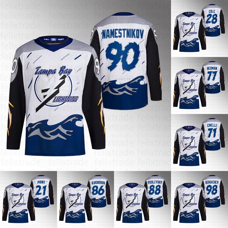 

Tampa Bay Steven Stamkos 2023 Reverse Retro jersey Lightning Vladislav Namestnikov Andrei Vasilevskiy Victor Hedman Mikhail Sergachev Brayden Point Nick Paul, 81 erik cernak