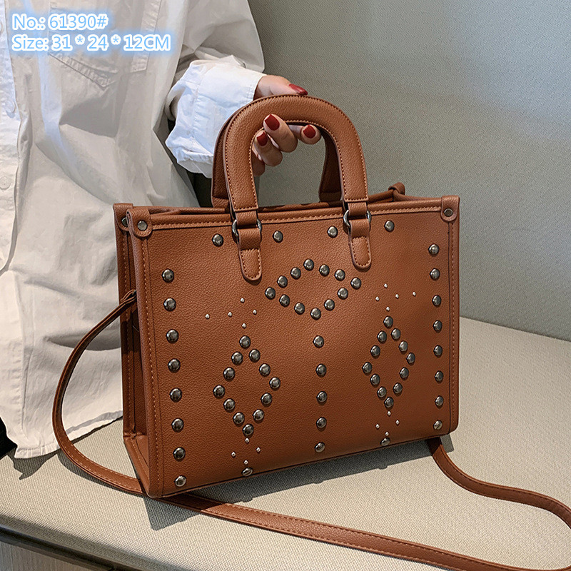 

Wholesale factory ladies shoulder bags 4 color simple Joker retro rivet tote bag large capacity multi-layer solid color leather handbag street personality backpack, Brown-61390#