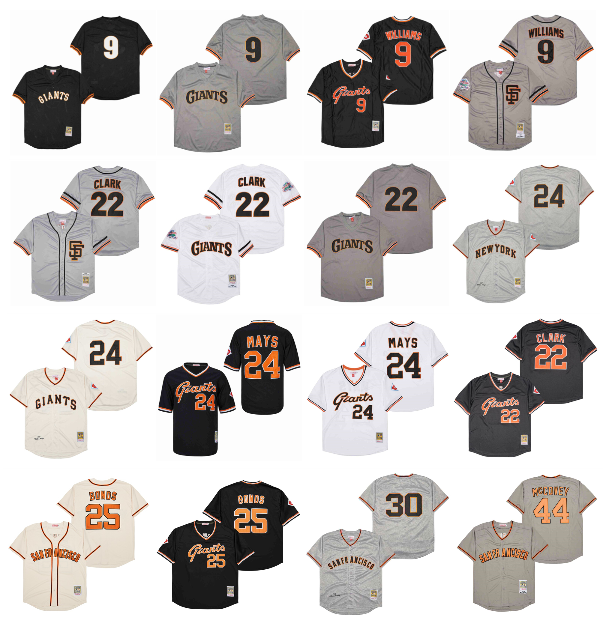 

Mitchell and Ness Throwback San 9 Matt Williams SF Giants Baseball Jersey 22 Will Clark 24 Willie Mays 25 Barry Bonds 30 Orlando Cepeda 44 Willie McCovey Dave Dravecky, As pic