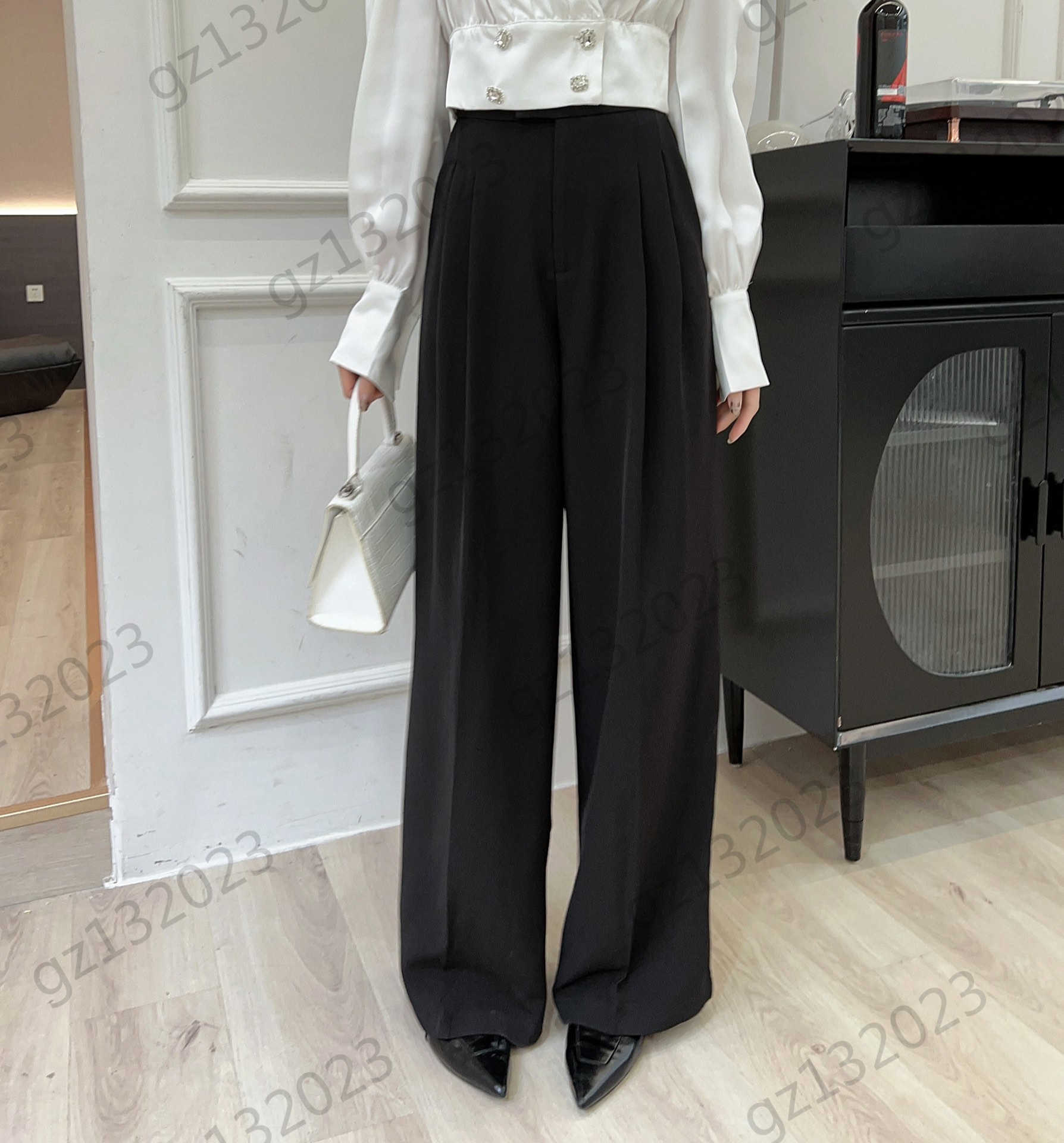 

Women Pants High Waist Wide Leg Straight Casual Trousers Waist Fold Design Loose Comfortable Slim Trouser Fashion Brand Spring Autumn Joker Womens Clothing