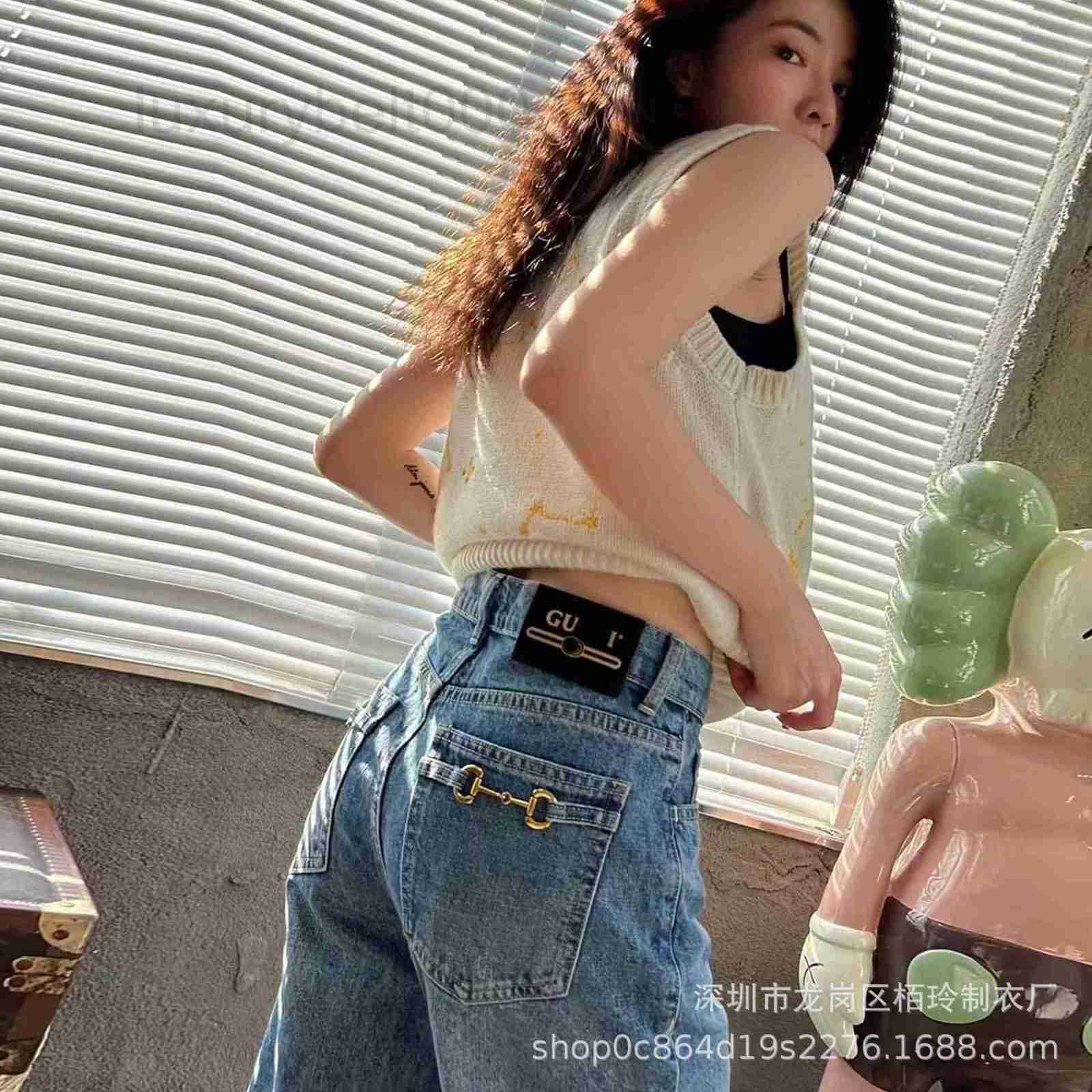 

Women' Jeans designer High end women wear new autumn and winter double horse buckle high waist slim straight jeans women JXZC, Long