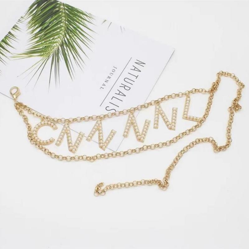 

Designer Waist Chain Belts Luxury Gold Waistband Diamond Letters Chain Belt For Women Casual Dress Fashion Accessories Ladies 925 Silver Top, Gold-1