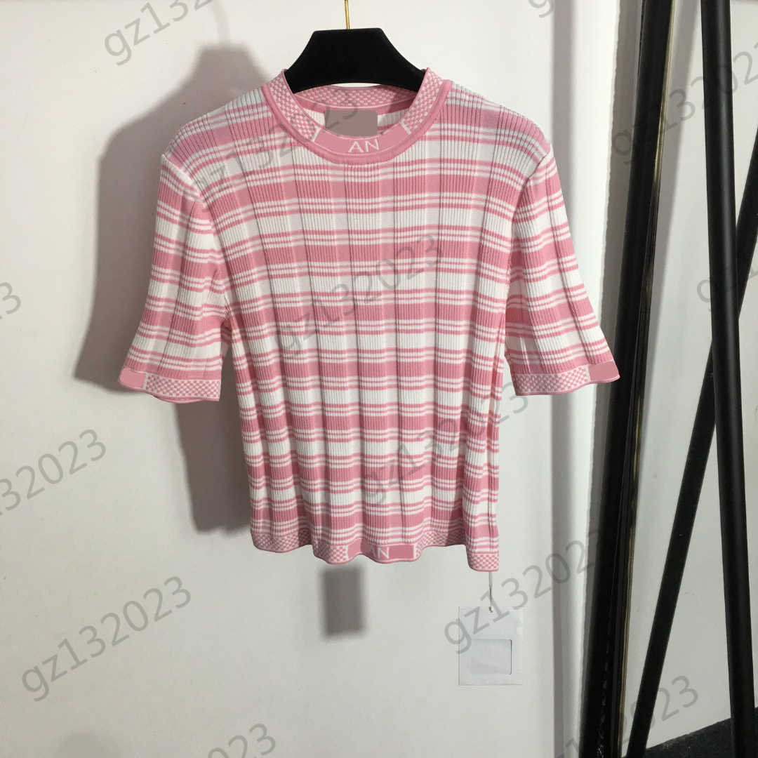 

Womens Sweaters Contrasting Color Striped Crew Neck Pullover Knitted Sweater Hemline Letter Print Tight Short Sleeves Knitwear Women Clothing 2 Colors, 13